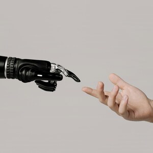 Annäherung KI und Mensch anhand der Vorlage der Erschaffung Adams von Michelangelo Es ist an uns das Konstrukt KI mit Leben und Sinn zu füllen.